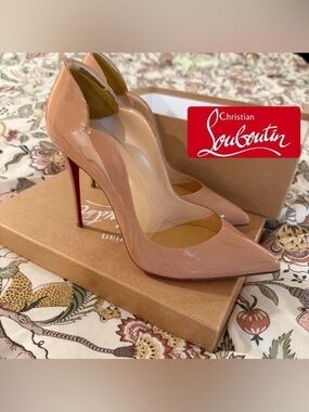 Christian Louboutin Nude Patent Leather Pointed-Toe Pumps with Red Soles